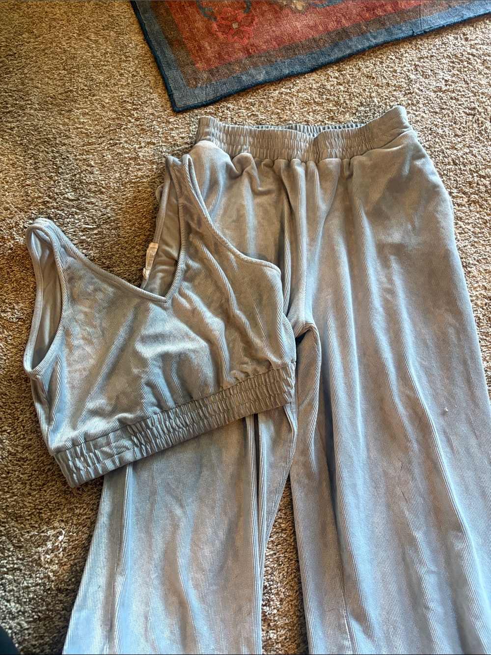 White Fox Boutique Light Gray Velour Bralette & Wide-Leg Pants Set